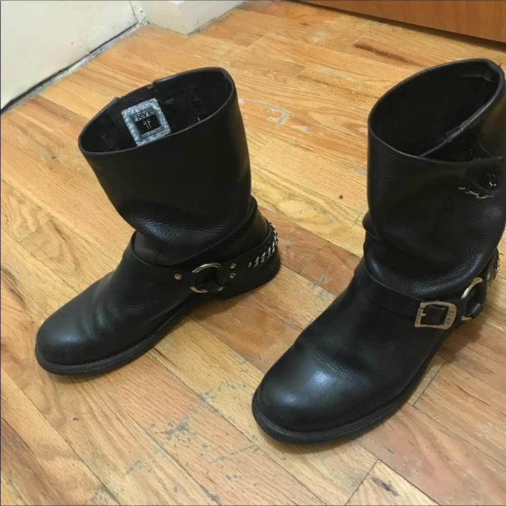 Frye Black Leather Harness Combat Moto Boots